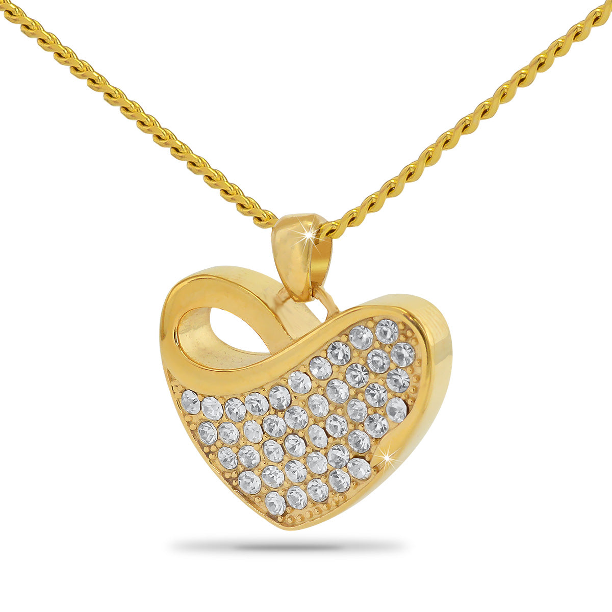 Gold pendant set with a single clear crystal in a polished surround, on a chain