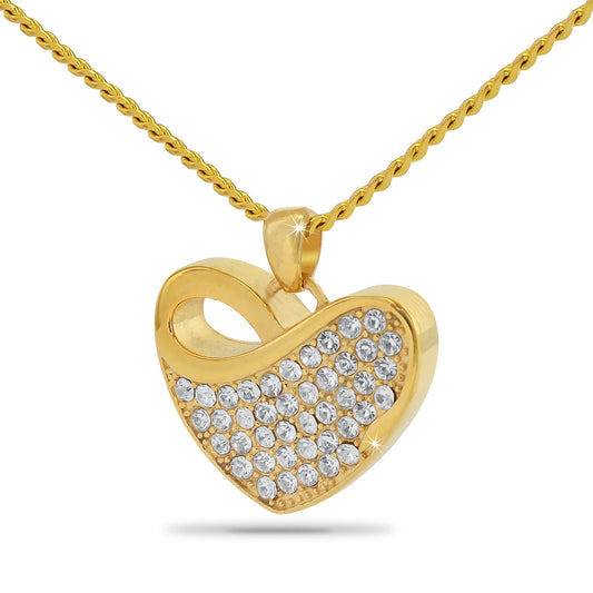 Gold pendant set with a single clear crystal in a polished surround, on a chain