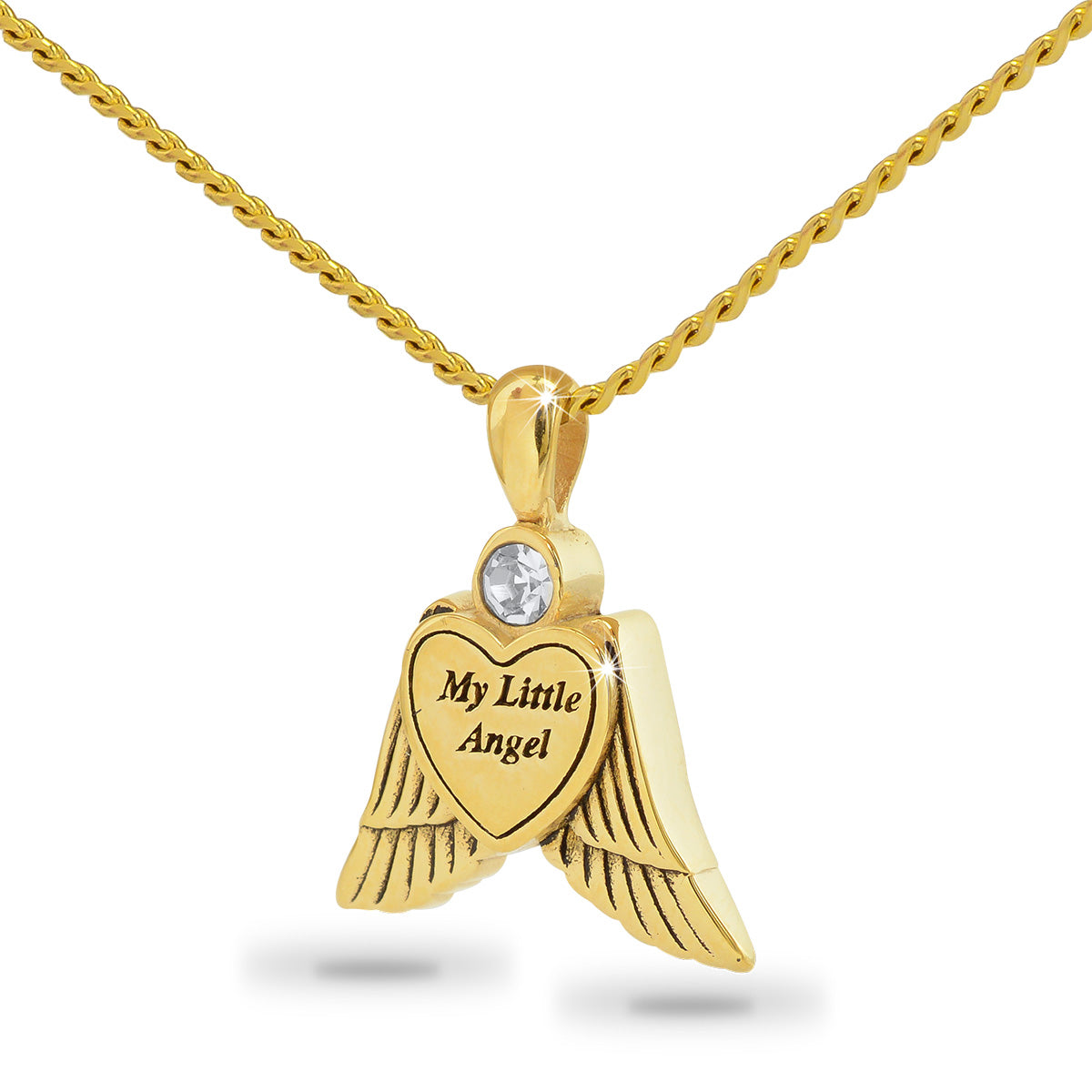 Small gold cremation pendant with a child angel figure raised on the front