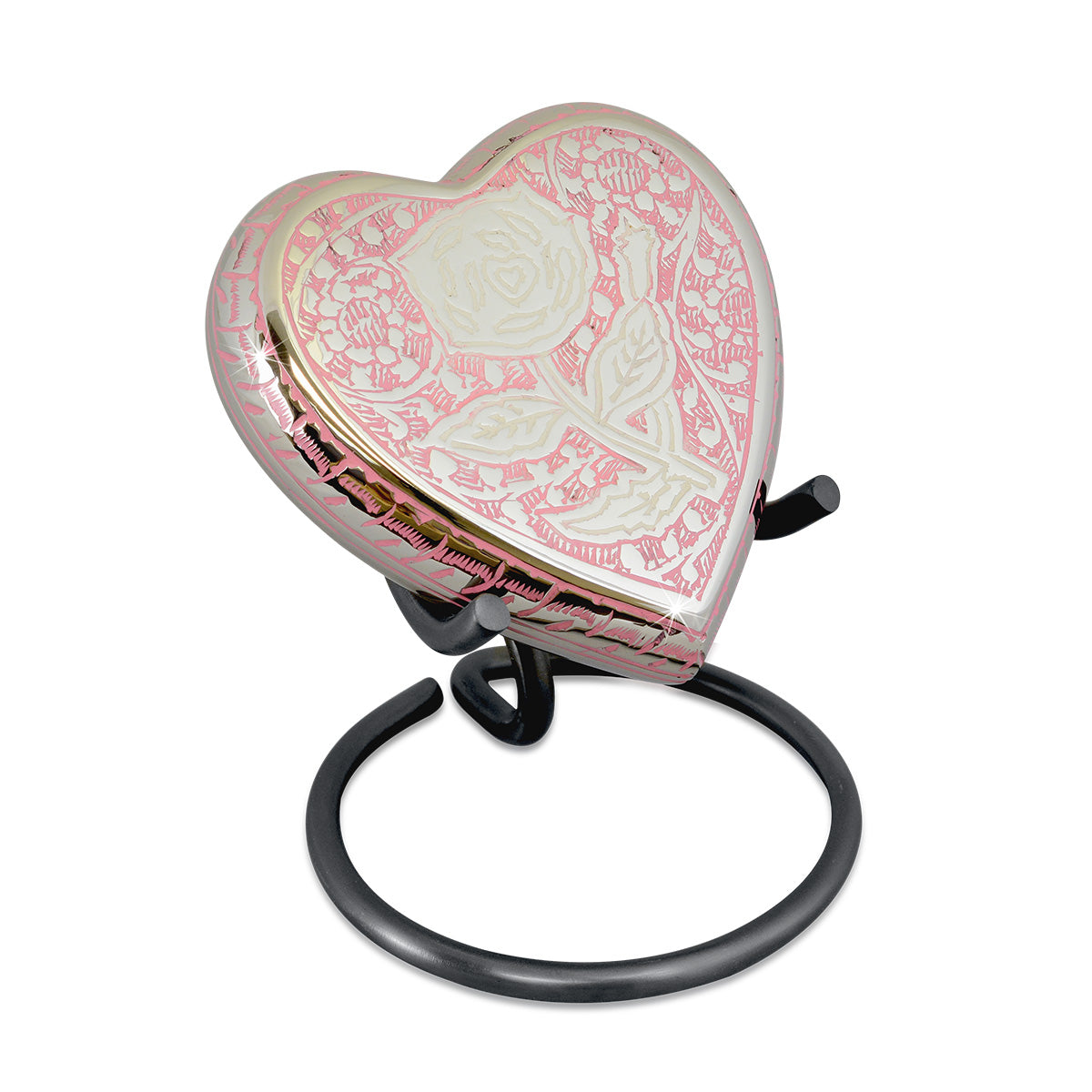 Pink brass heart keepsake urn with butterflies and small flowers on the front