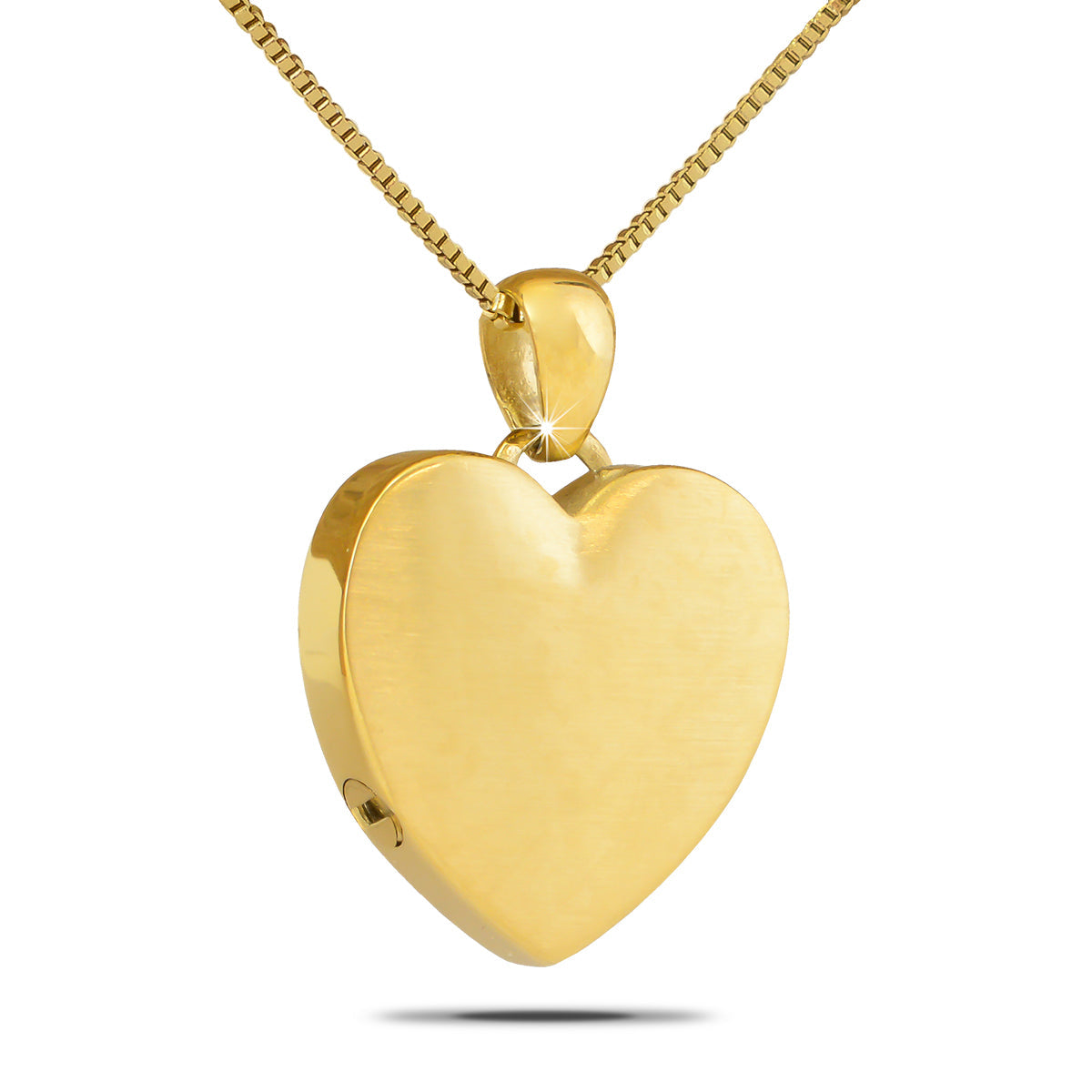Small square gold steel pendant with a raised love motif across the front face