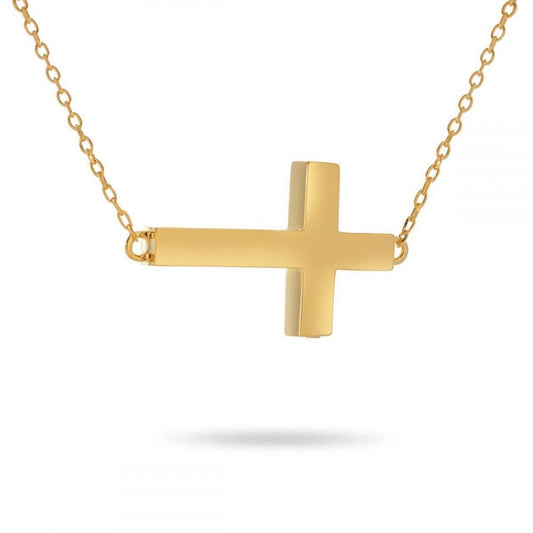 Plain gold cross pendant with smooth unmarked faces, hanging on a gold chain