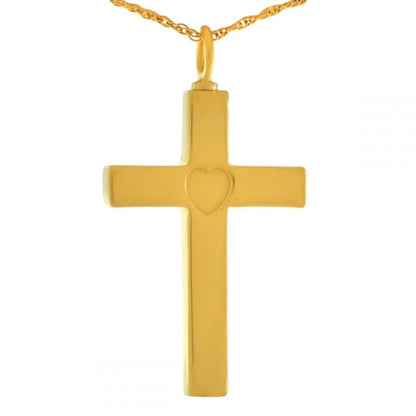 Gold-toned steel cross pendant with a small heart set where the arms meet