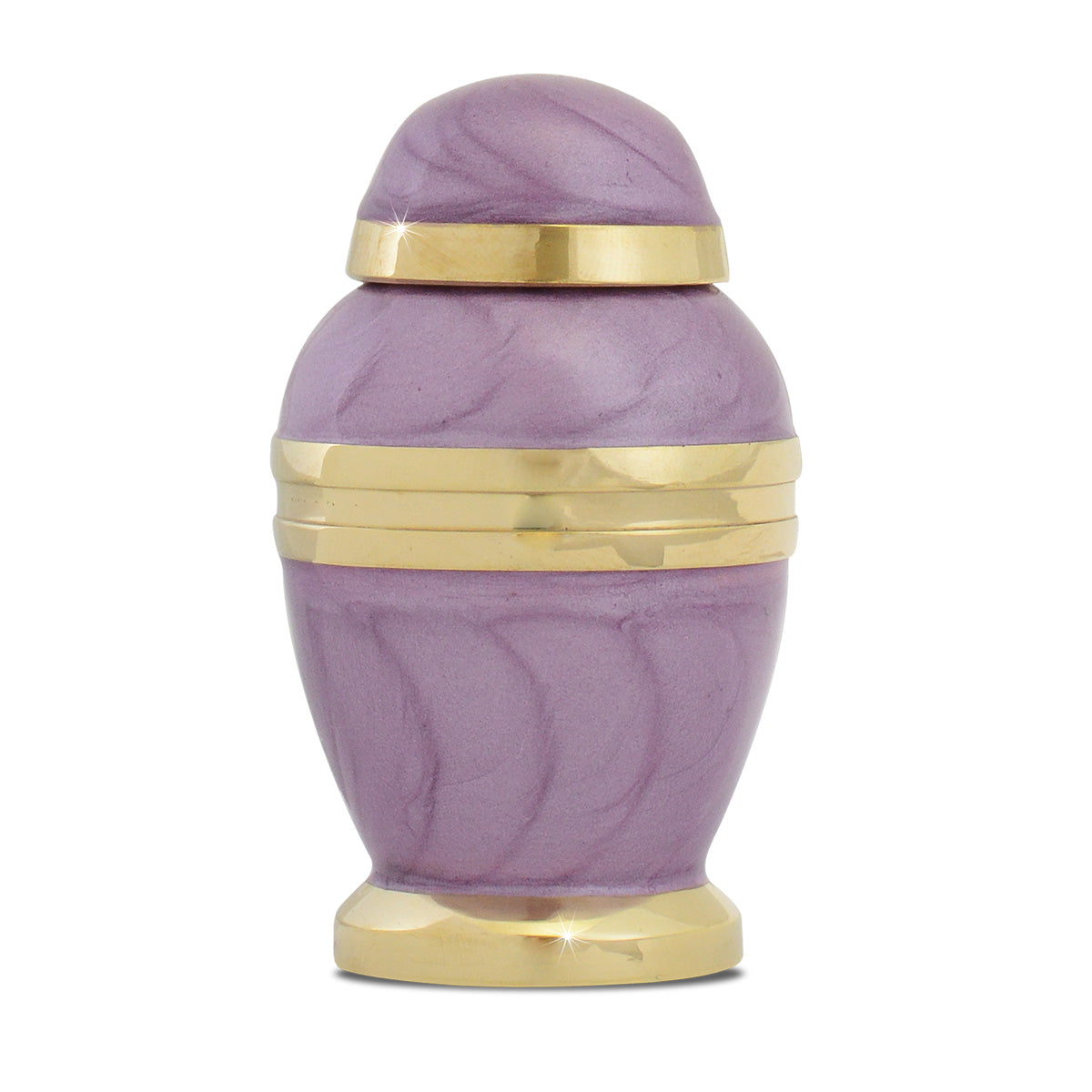 Tall narrow brass keepsake urn in purple with a rounded dome-shaped top
