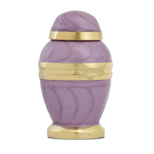 Tall narrow brass keepsake urn in purple with a rounded dome-shaped top