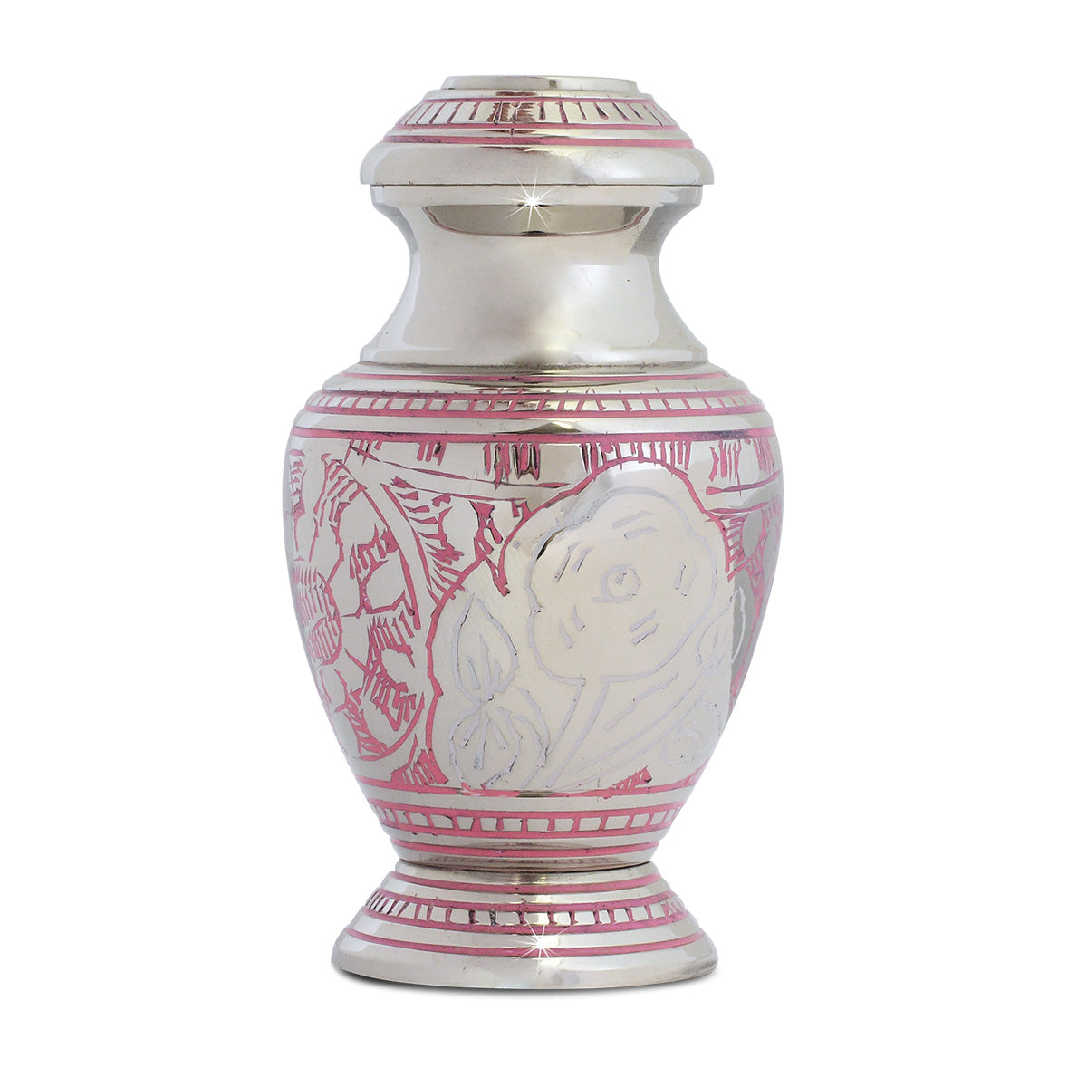White brass keepsake urn painted with pink blossoms across the front panel