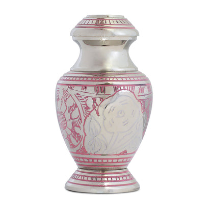 White brass keepsake urn painted with pink blossoms across the front panel