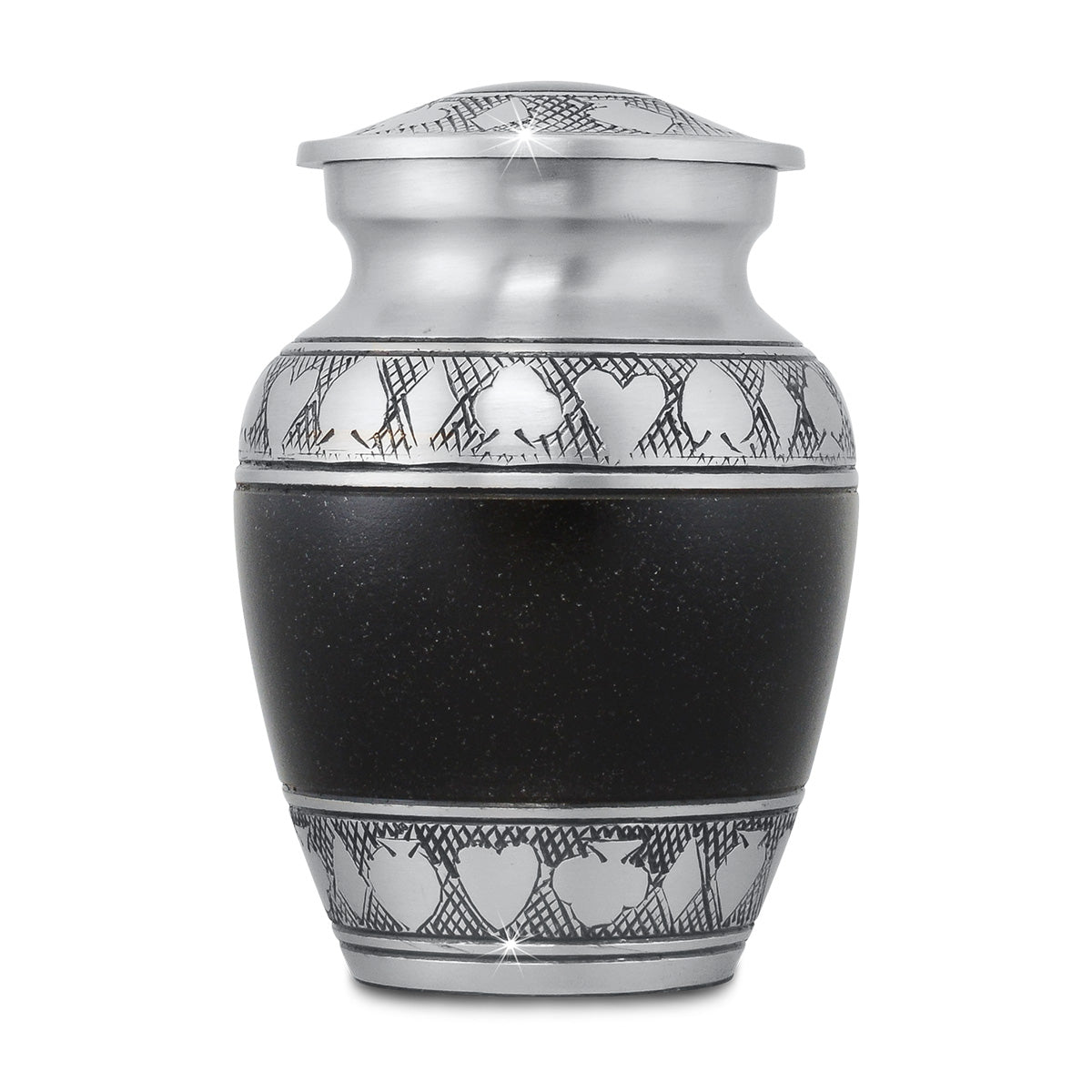Tall black brass keepsake urn with a rounded body and a threaded lid