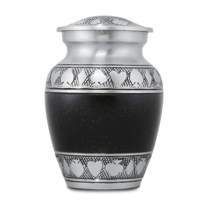 Tall black brass keepsake urn with a rounded body and a threaded lid