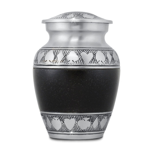 Tall black brass keepsake urn with a rounded body and a threaded lid