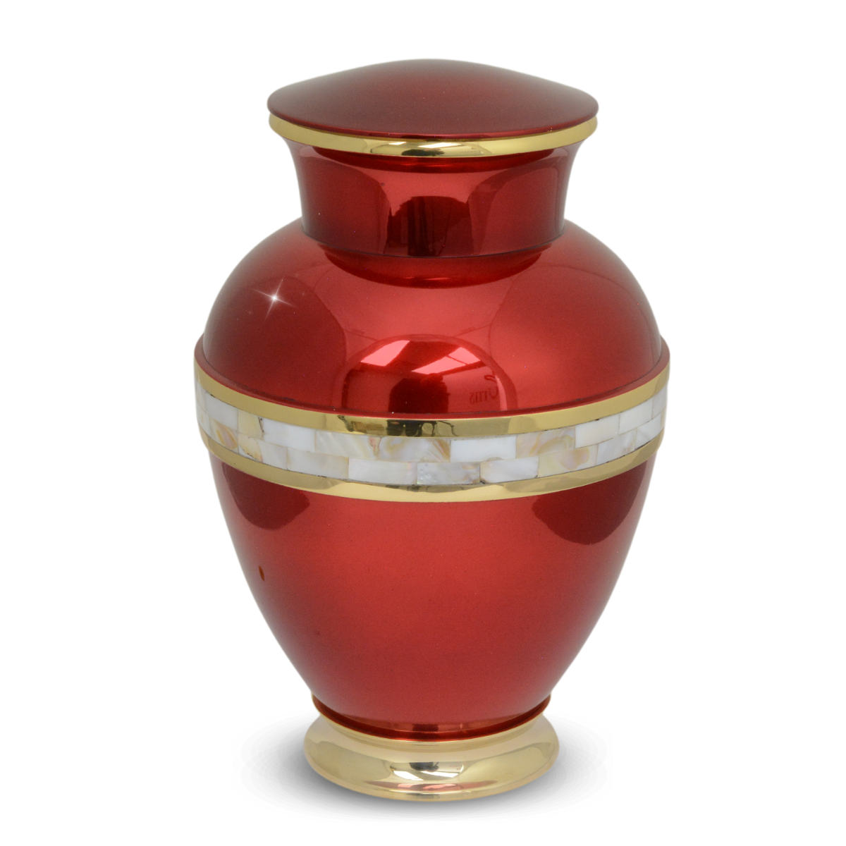 Brass cremation urn faced in pale mother of pearl with a domed top and plain base