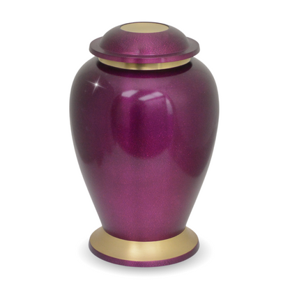 High-gloss purple brass cremation urn with a reflective surface and a rounded fitted lid