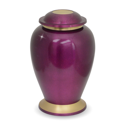 High-gloss purple brass cremation urn with a reflective surface and a rounded fitted lid