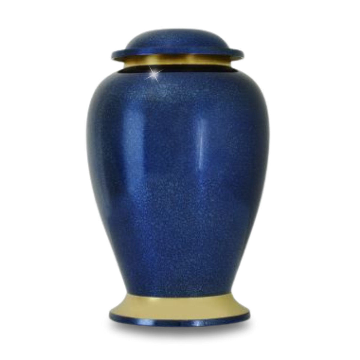 High-gloss blue cremation urn with a plain brass body and matching rounded lid