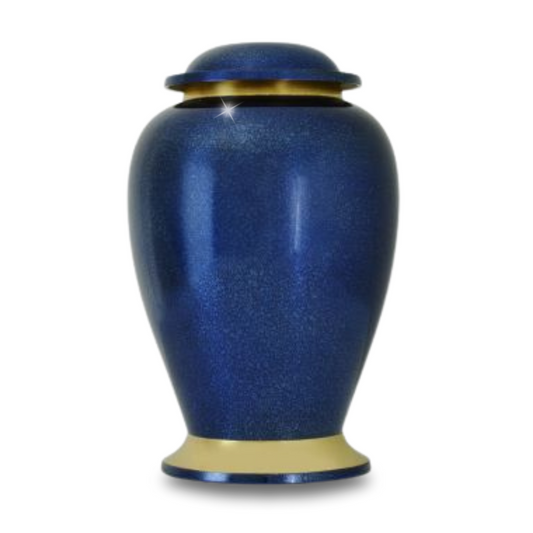 High-gloss blue cremation urn with a plain brass body and matching rounded lid