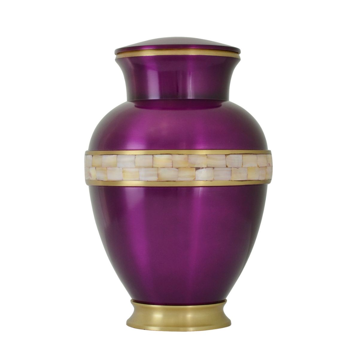 Brass cremation urn clad in purple mother of pearl with a matching lid and round body