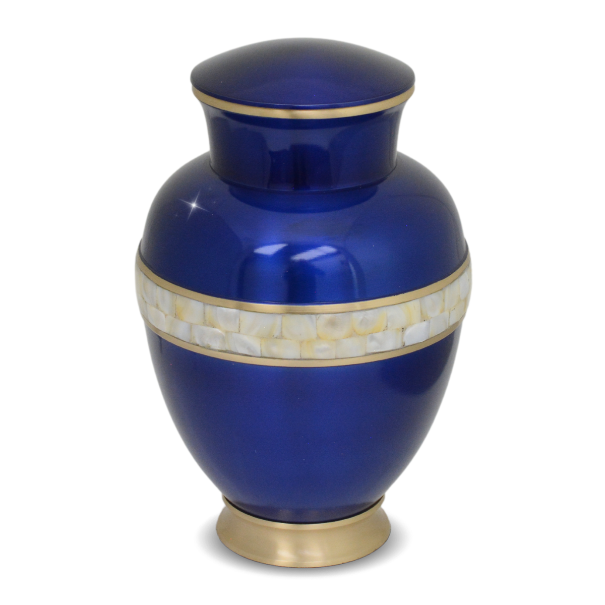 Brass cremation urn covered in blue mother of pearl inlay with a matching lidded top