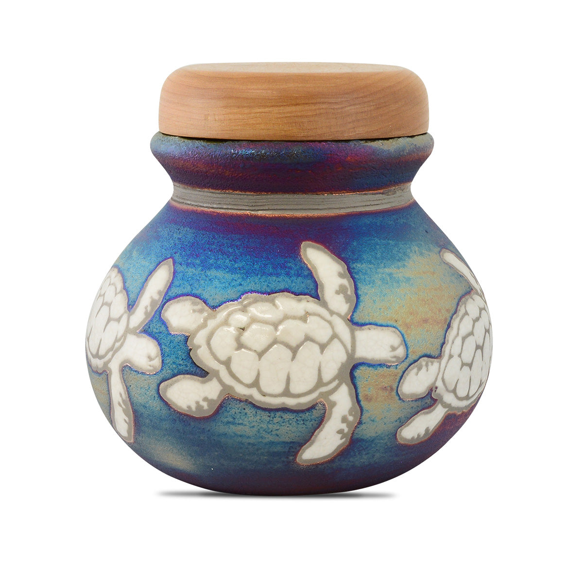 Raku ceramic keepsake urn with turtles circling the body under a crackled glaze