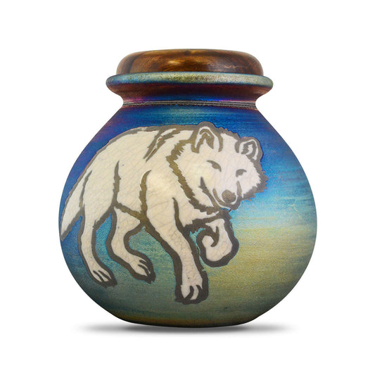 Ceramic Raku urn showing wolves in silhouette against a smoky copper crackled glaze