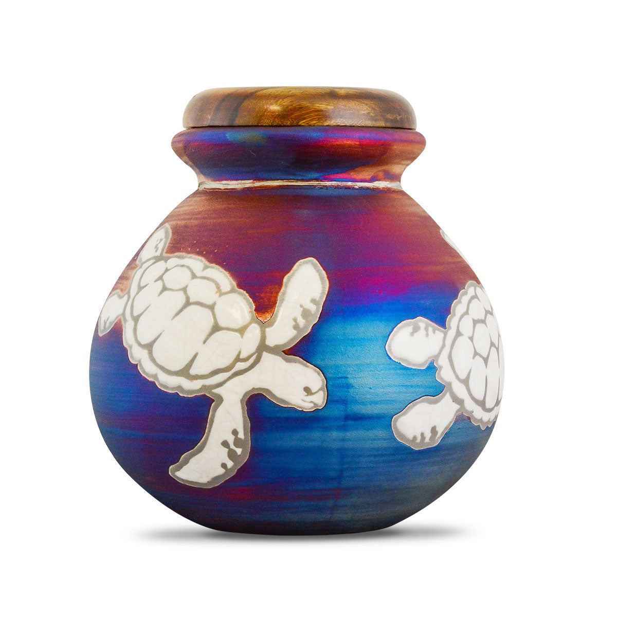 Ceramic Raku urn with sea turtles over a blue-green and copper crackled glaze