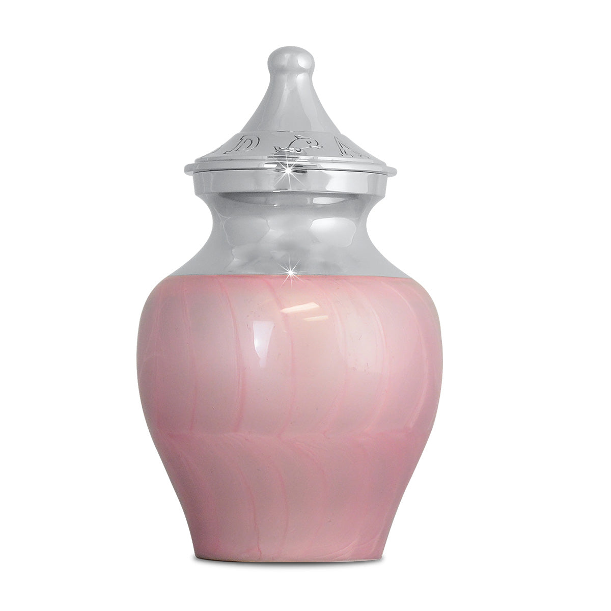 Small brass infant urn with a pale pink finish, narrow square body and a domed lid