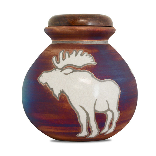 Ceramic Raku urn with moose and treeline motif in earthy brown and green glaze