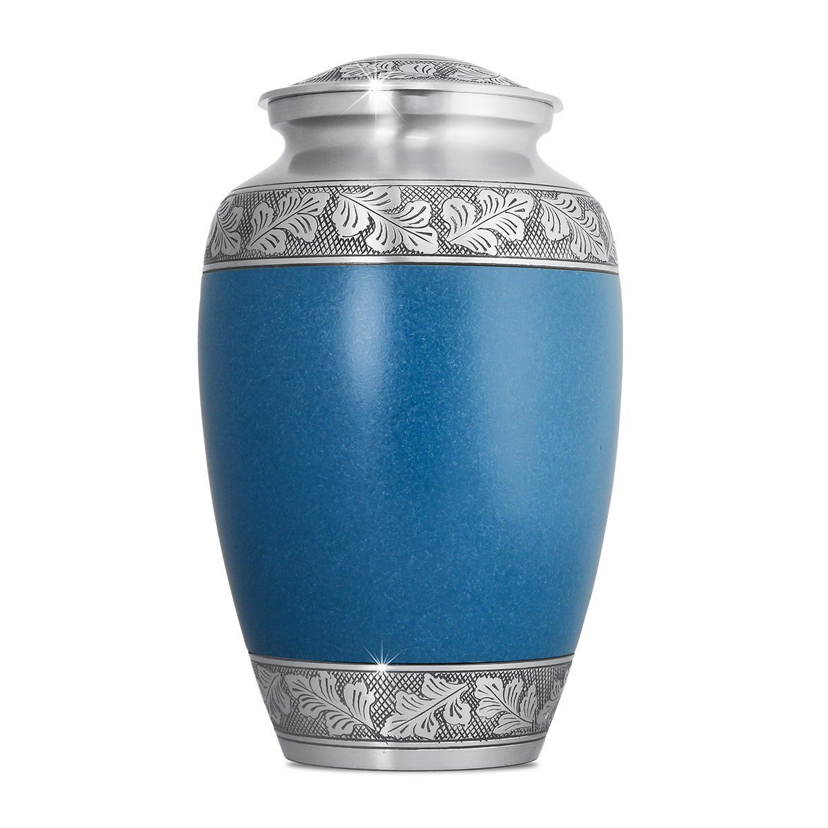 Tall brass cremation urn finished in blue with polished gold detailing at the rim