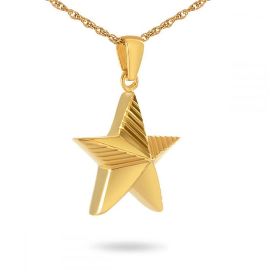 Slim gold-toned steel pendant with military service detailing on a polished body