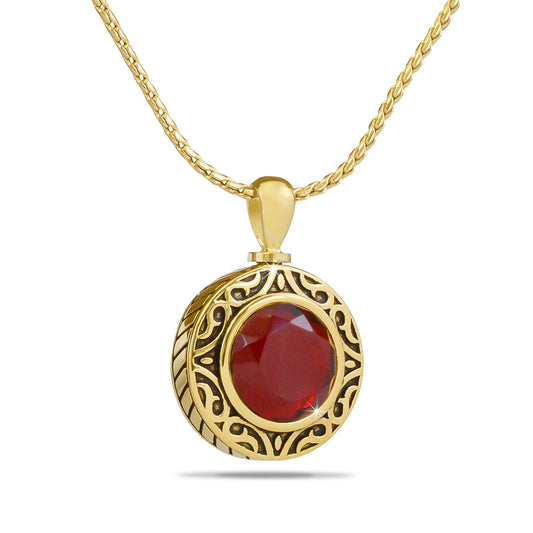 Gold-toned steel bead charm with a band of deep garnet red glass and a threaded top
