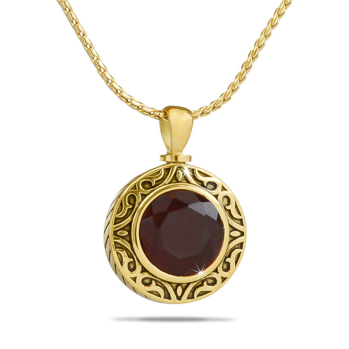 Small light red glass keepsake sphere in a gold-toned steel setting with a threaded cap