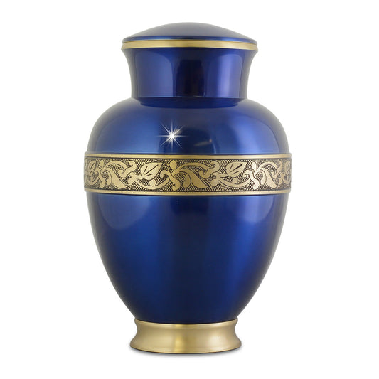 Blue brass cremation urn with a trailing green and gold leaf pattern around the body