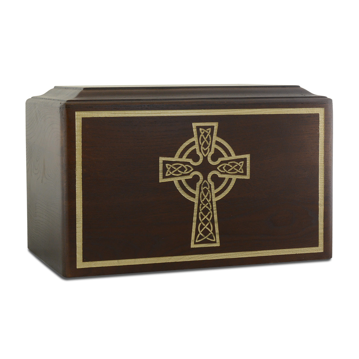 Low pale ash wood cremation urn with a Celtic cross on the wide front face