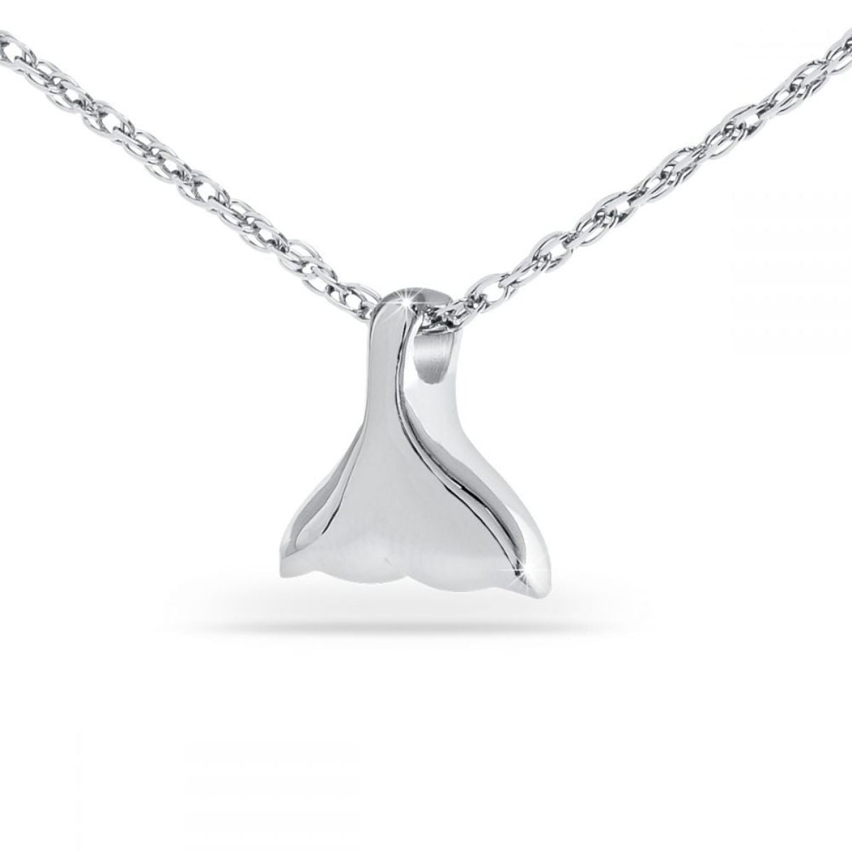 Silver pendant shaped like a curved dolphin tail with a polished finish, on a chain