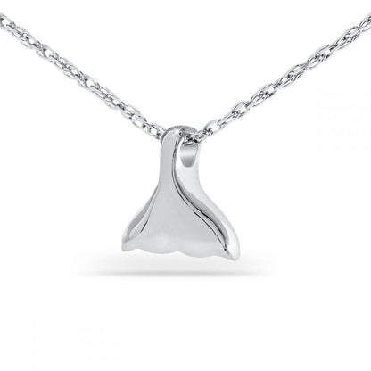 Silver pendant shaped like a curved dolphin tail with a polished finish, on a chain