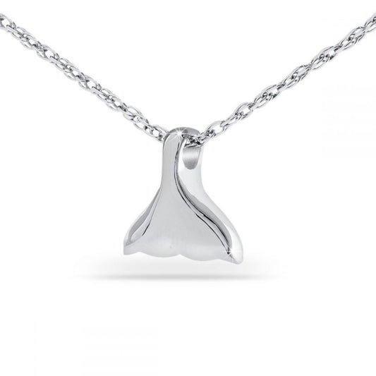 Silver pendant shaped like a curved dolphin tail with a polished finish, on a chain