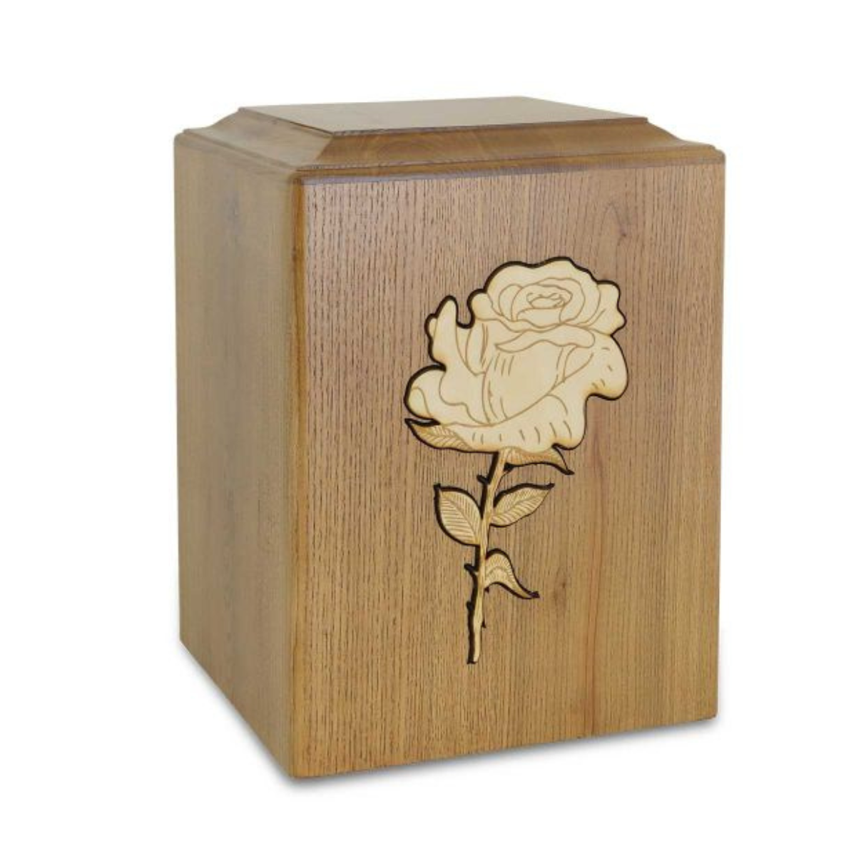 Wooden cremation urn with gold-toned rose motif applied to the front panel