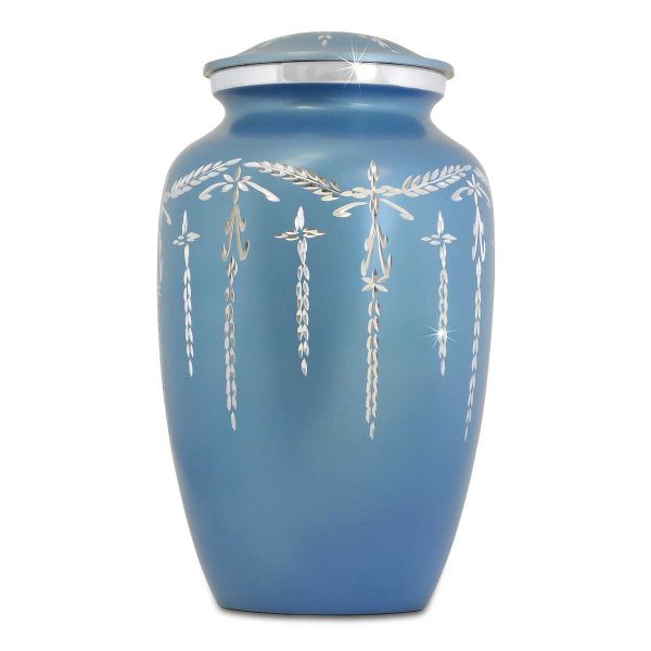 Aluminum cremation urn with a deep blue finish and a smooth polished surface
