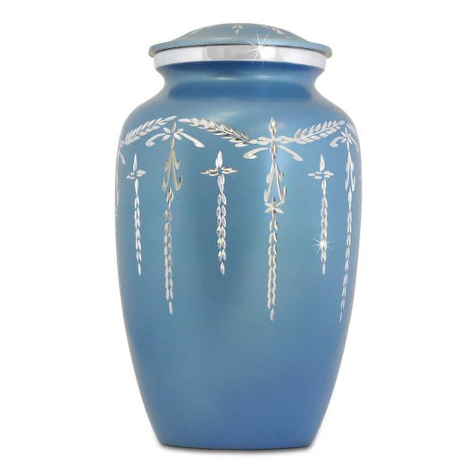 Aluminum cremation urn with a deep blue finish and a smooth polished surface