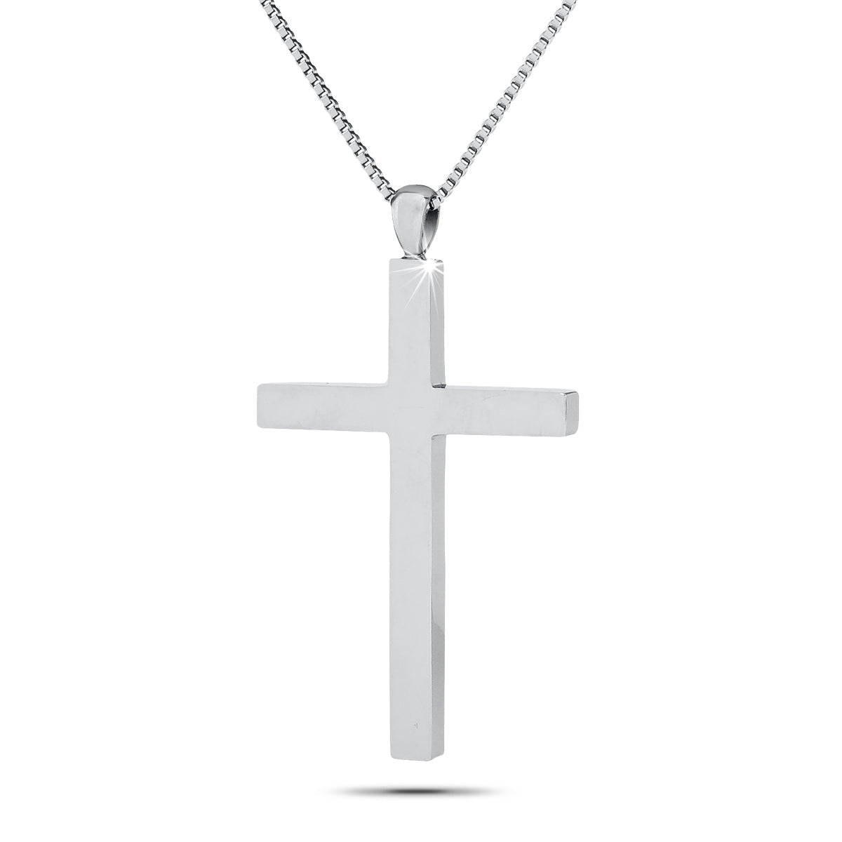 Large stainless steel cross pendant with a plain polished surface, hung on a chain
