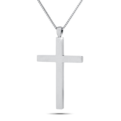 Large stainless steel cross pendant with a plain polished surface, hung on a chain