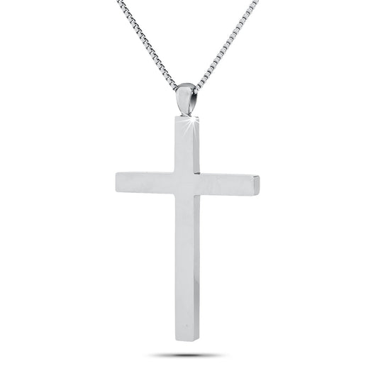 Large stainless steel cross pendant with a plain polished surface, hung on a chain