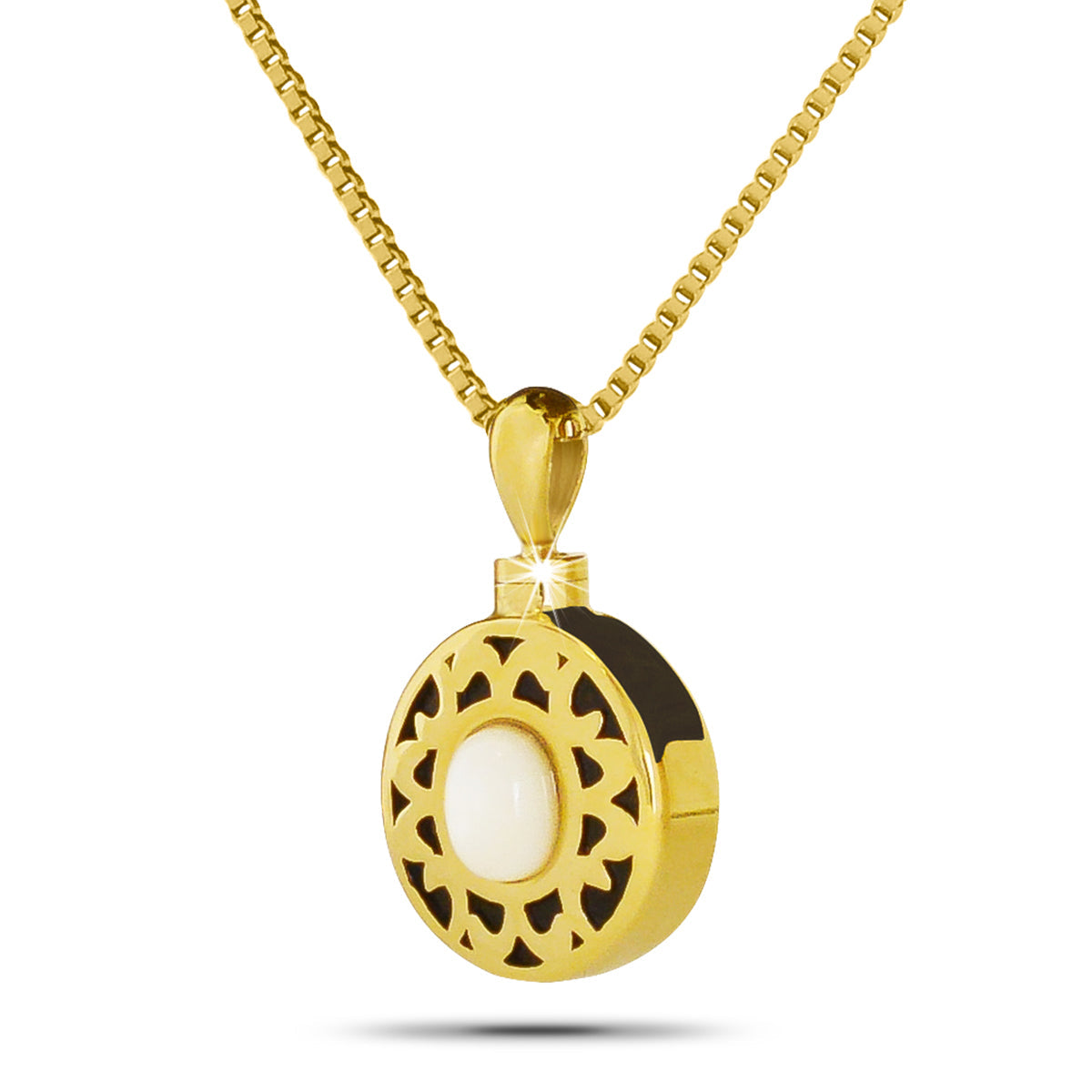 Gold-toned cremation pendant with a round white stone at the center, hanging on a chain