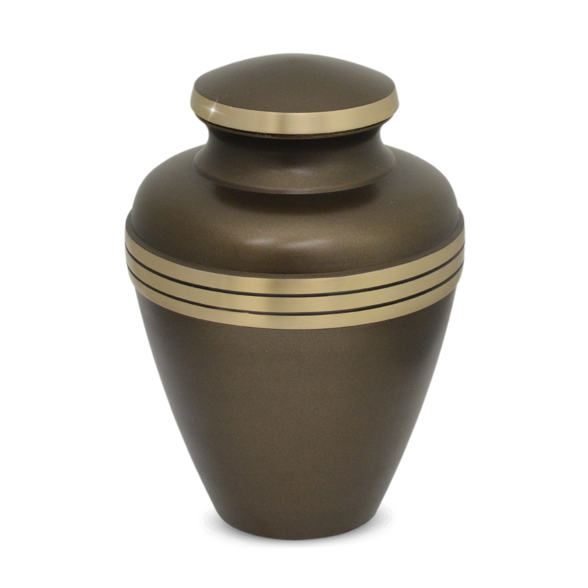 Brown brass cremation urn, tall and vase-shaped, with a screw-on lid