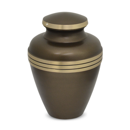 Brown brass cremation urn, tall and vase-shaped, with a screw-on lid