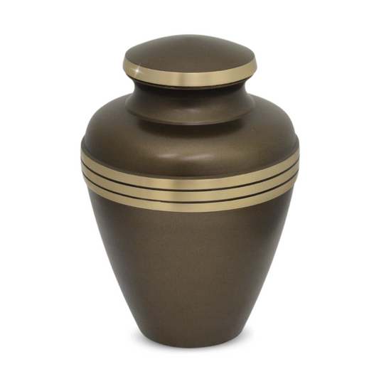 Brown brass cremation urn, tall and vase-shaped, with a screw-on lid