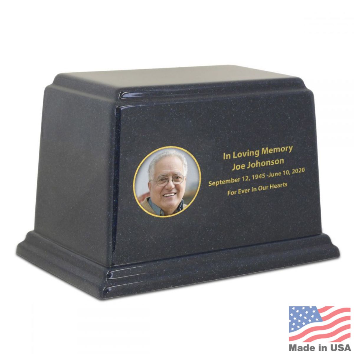 Blue-grey stone cremation urn, rectangular and low, with a plain close-fitting lid