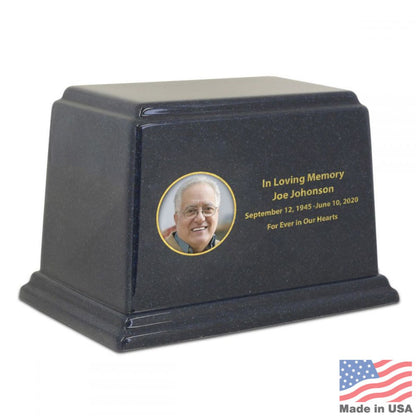 Blue-grey stone cremation urn, rectangular and low, with a plain close-fitting lid