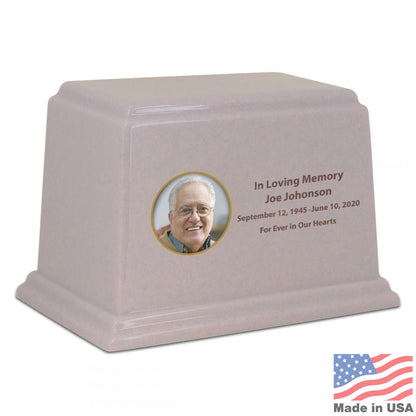 Purple-banded stone cremation urn with a wide low body and a smooth polished surface