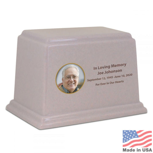 Purple-banded stone cremation urn with a wide low body and a smooth polished surface