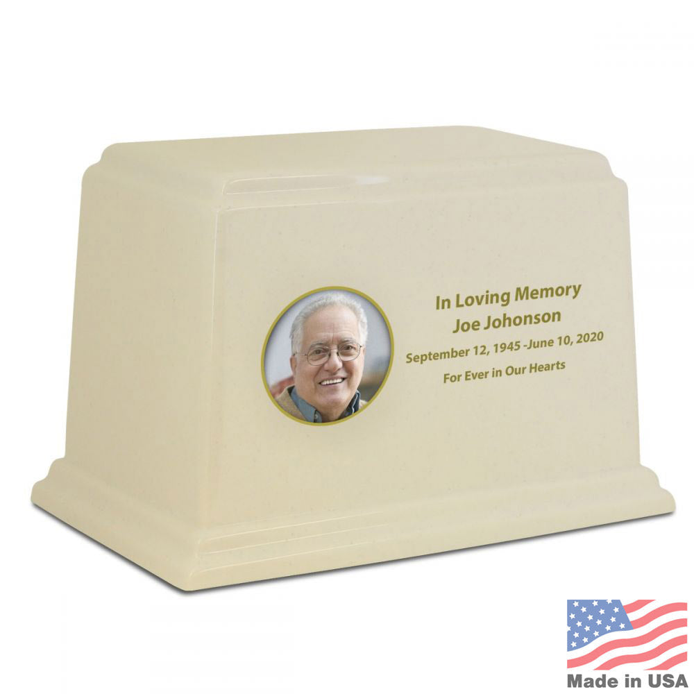 Cream natural stone cremation urn with a wide low body and a flat fitted lid